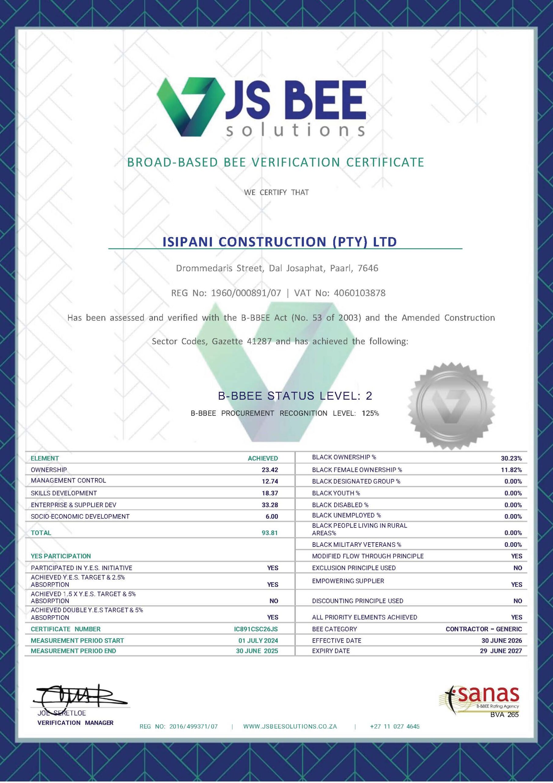 Isipani B_BBEE Certificate 2025