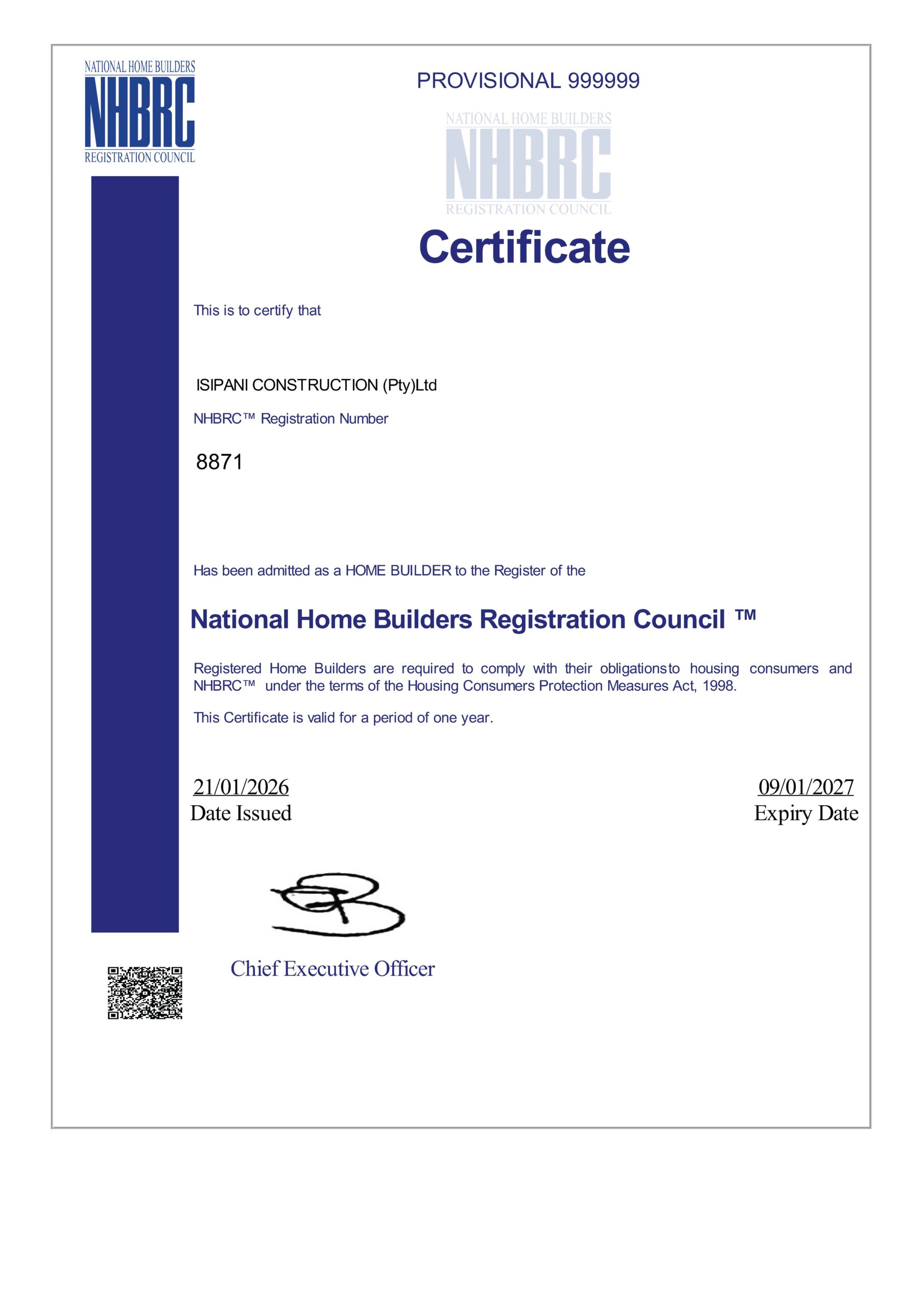 Isipani NHBRC Certificate 2025